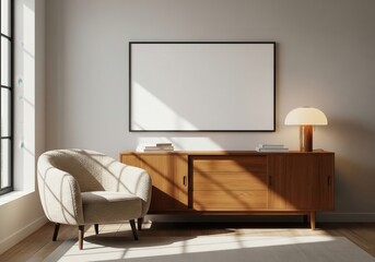 Minimalist Interior Design with Empty Frame: A sunlit interior design featuring a blank frame, a cozy armchair, and a wooden cabinet with a lamp, evokes feelings of warmth and modern elegance.