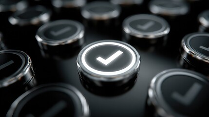 Shining checkmark button signifies success and validation, a modern symbol for achievement and decision making in a sleek, futuristic design