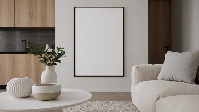Frame mockup, vertical canvas size. Living room interior with blank poster mock-up. Interior mockup with house background. Modern interior design. 3D render