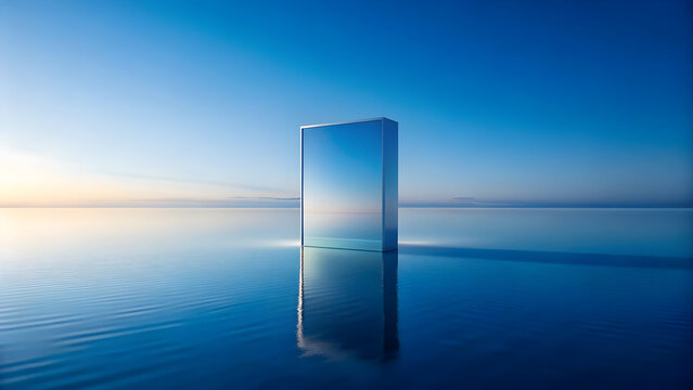 Rectangular mirror reflecting blue sky on calm water reflection