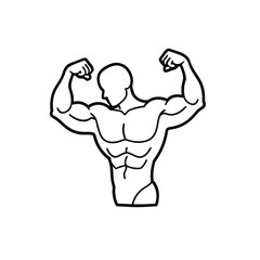 Minimalist Line Drawing of Muscular Human Figure Flexing Arms with Defined Chest and Abdominal Muscles in Black and White Outline Style