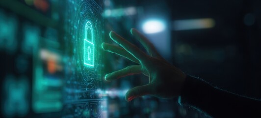 The digital padlock hologram touched by a hand on a futuristic cyber security interface
