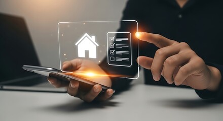 Person interacting with a digital interface showing real estate options