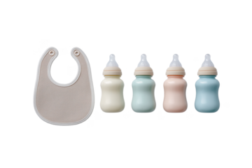 Baby bib and four colorful feeding bottles in pastel shades isolated on a transparent background milk