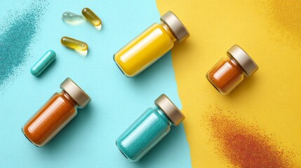 Fototapeta premium Colorful vitamin capsules and supplements on bright background for healthcare nutrition and wellness concept