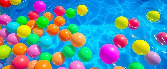 Colorful plastic balls floating in a blue swimming pool, sunny day, bright colors, ball pit
