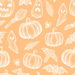 Halloween themed, hand drawn simple autumn pattern. Fall print with pumpkins and other elements drawn in vector, detailed wallpaper