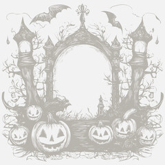 Halloween themed, hand drawn simple autumn pattern. Fall print with pumpkins and other elements drawn in vector, detailed wallpaper with empty space in the centre