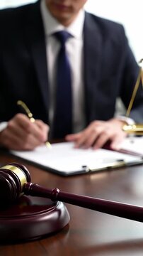 Judge writing legal documents at desk with gavel and scales of justice in courtroom, close-up of law symbols and professional attire.
