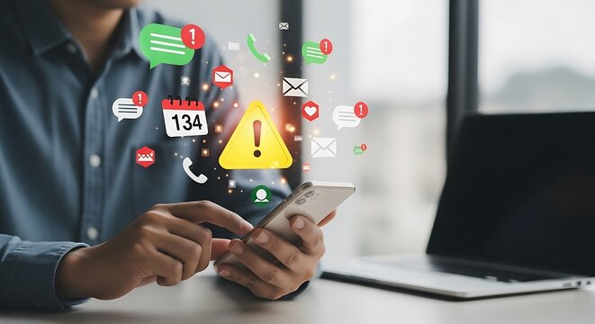 Person overwhelmed by numerous notifications and alerts on their smartphone