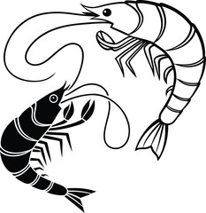 Elegant Shrimp Duo Black and White Silhouette Aquatic Delight Culinary Inspiration Seafood Illustration Marine Life Representation Artistic Monochrome Design