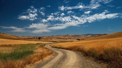 Fototapeta premium High-quality photo of peaceful rural landscape with a winding dirt road, fields of grain, and a blue sky.