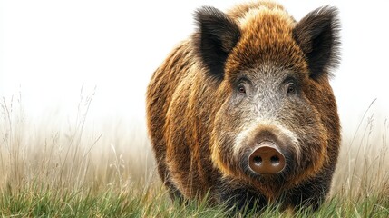 Wild boar roaming in a grassy field during early morning light near a forested area