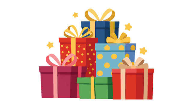 Colorful gift boxes with ribbons and stars gifts presents