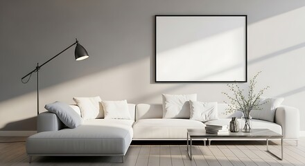Fototapeta premium Modern living room with a large sectional sofa and floor lamp