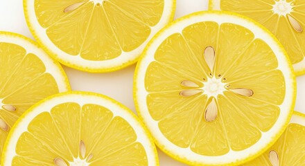 Fototapeta premium Close up of vibrant yellow lemon slices arranged on a white background creating a refreshing citrus pattern