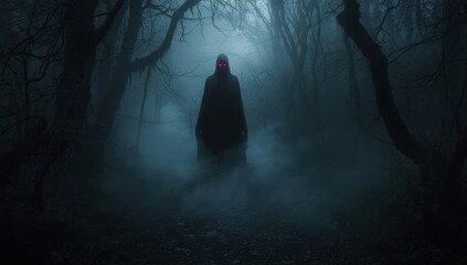Ominous figure with glowing red eyes standing in a misty dark forest at night time atmosphere