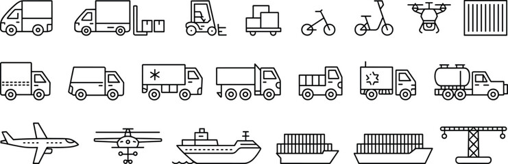 Transport and logistics line icons with delivery trucks, cargo ships, forklifts, drones, containers, and transportation vehicles in vector format