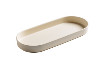 Creamy oval ceramic dish with smooth curved edges isolated on a transparent background beige