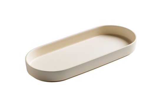 Creamy oval ceramic dish with smooth curved edges isolated on a transparent background beige