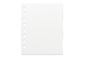 Close-up of blank white notebook paper with a torn edge, isolated on a transparent background, ready for customization