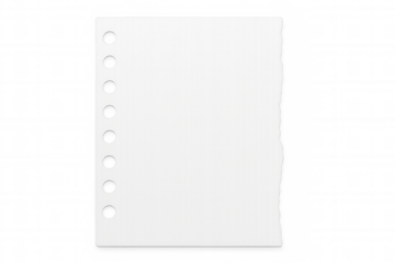 Close-up of blank white notebook paper with a torn edge, isolated on a transparent background, ready for customization