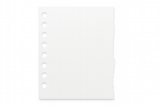 Close-up of blank white notebook paper with a torn edge, isolated on a transparent background, ready for customization