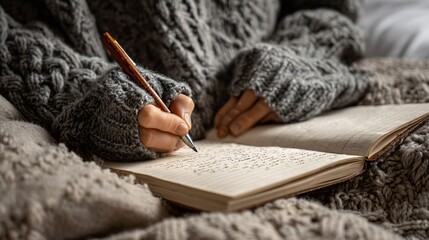 Editorial-style shot of open bullet journal, cozy sweater sleeve, and pen in hand