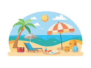 Summer beach in flat design, sea side and beach items, vintage design vector illustration

