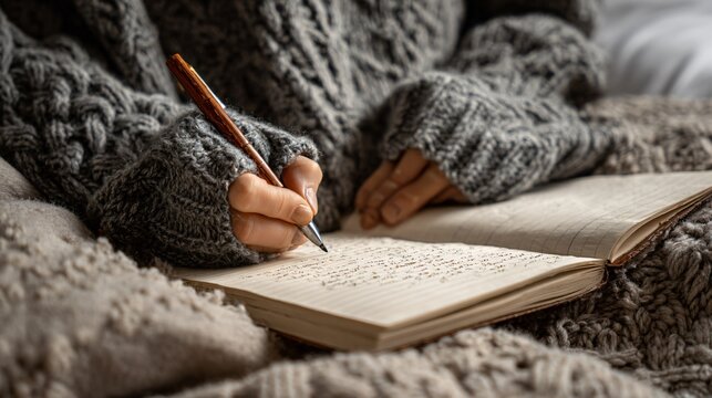Editorial-style shot of open bullet journal, cozy sweater sleeve, and pen in hand