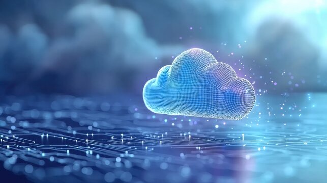 Cloud Networking Data Infrastructure Management Complex network diagrams and charts overlaid on a cloud icon, data analysis visualization.