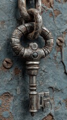 Intricate vintage key hanging on weathered blue door in an abandoned location