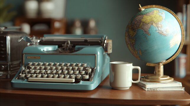 Mid-century modern desk setup with typewriter, globe, and coffee mug