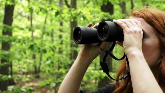 Person using binoculars in a forest
