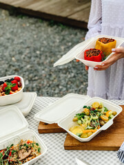 Picnic with healthy meals, fruits and ready food containers outdoors.