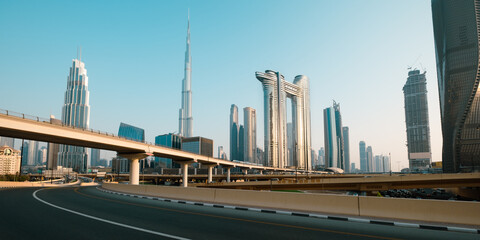 Fototapeta premium 360 degree view of Sheikh Zayed Road, Burj Khalifa address sky views, Dubai Panorama stock photo, 8k travel