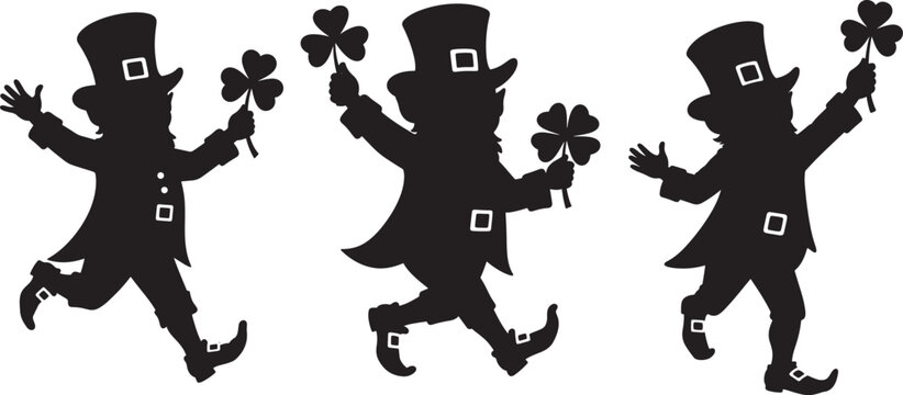 Three dancing leprechauns holding shamrocks silhouette