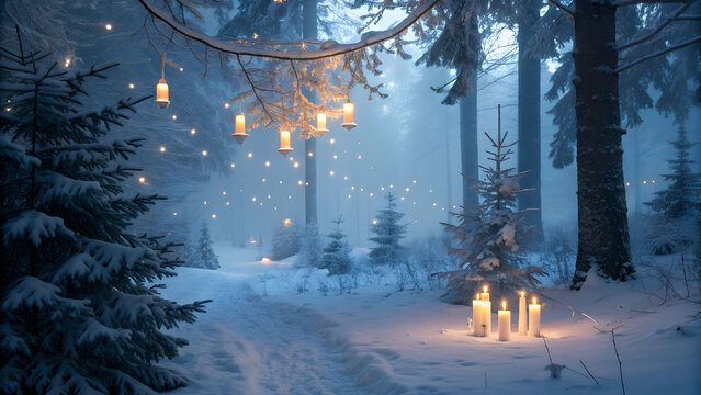  Enchanted snow covered forest path illuminated by hanging lanterns and glowing ground lights