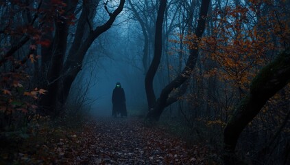 A cloaked figure with glowing green eyes stands in a foggy forest path surrounded by bare trees