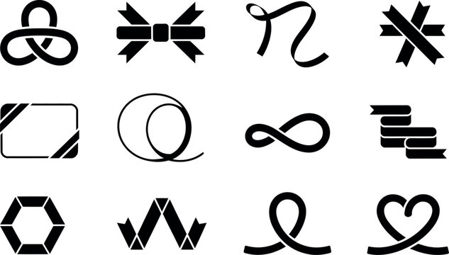 Elegant Black Ribbon and Bow Icons:  Modern Minimalist Design Set