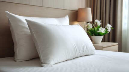 High definition photo of white pillow on bed in bedroom closeup.