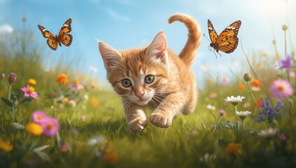 A playful ginger kitten pouncing in a field of wildflowers with two monarch butterflies fluttering nearby