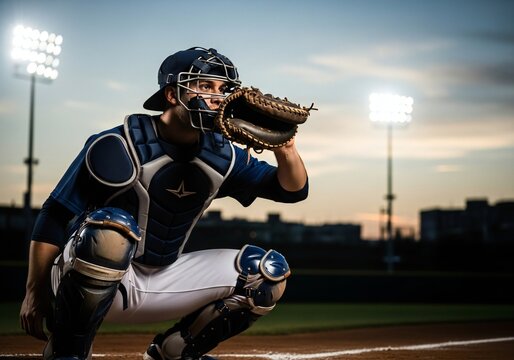 Baseball catcher wearing protective gear squats on the field with stadium lights in background during twilight - Powered by Adobe