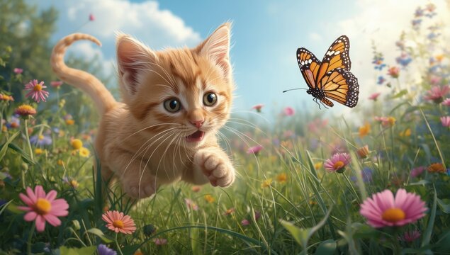 A ginger kitten chasing a monarch butterfly in a field of colorful flowers on a sunny day outdoors - Powered by Adobe