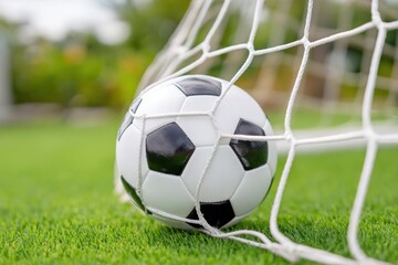 Soccer ball hitting the net after scoring goal on green grass field