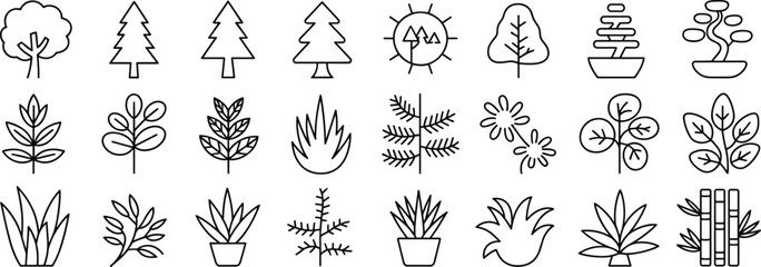 Tree and plant outline vector set, minimal botanical icons, nature elements collection, garden and forest line art illustrations pack