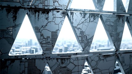 Architectural detail of a building facade with triangular patterns overlooking the city