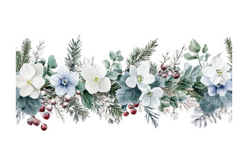 Winter Watercolor Floral Border with Snowberries and Pines