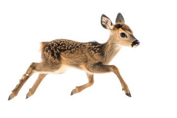 A young deer with spotted fur gracefully running across a white background.