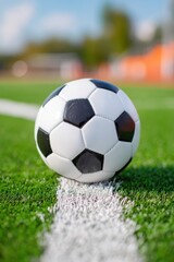 Obraz premium Soccer ball resting on the center line of a soccer field